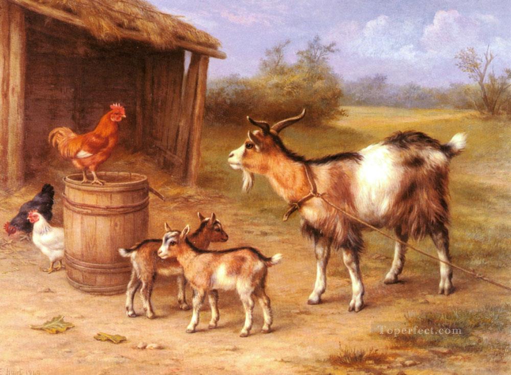 Ein Hof Szene mit Ziegen und Hühner Bauernhof Tiere Edgar Hunt Ölgemälde